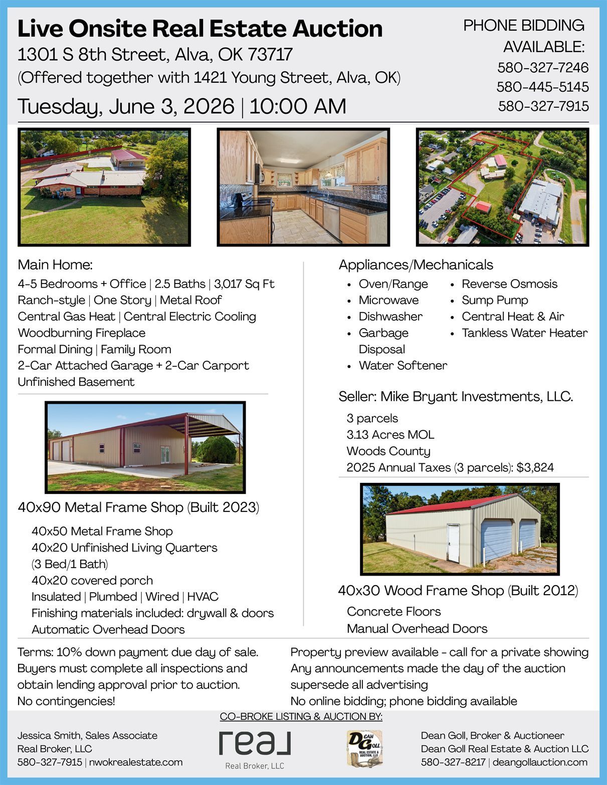 Flyer for a live onsite real estate auction with home and property photos and event details