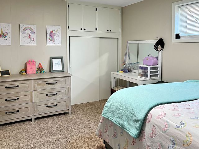 A bedroom with a bed , dresser , and mirror.