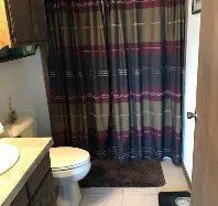 A bathroom with a toilet , sink , and shower curtain.