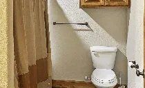 A bathroom with a toilet and a shower curtain.