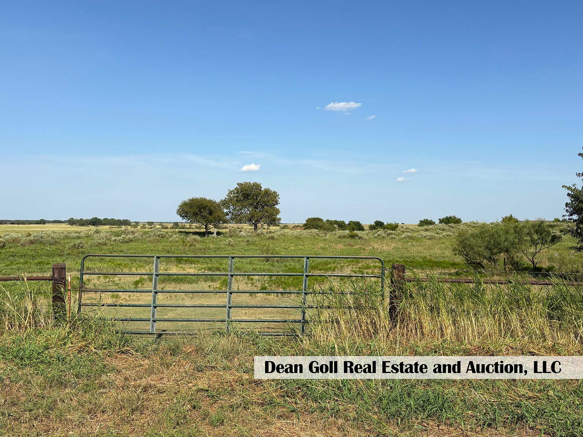 a rural scene with a green field, a gate, trees under a blue sky