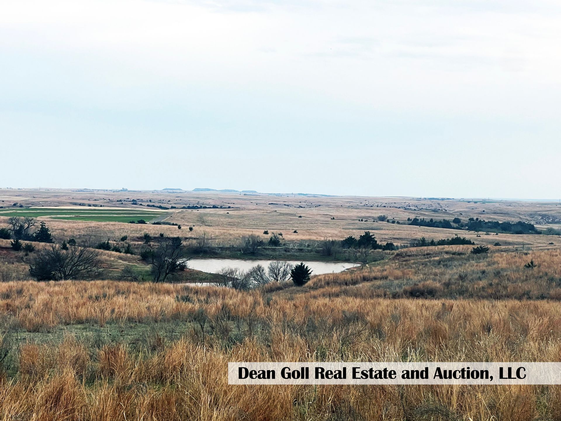 A field with a lake in the middle of it