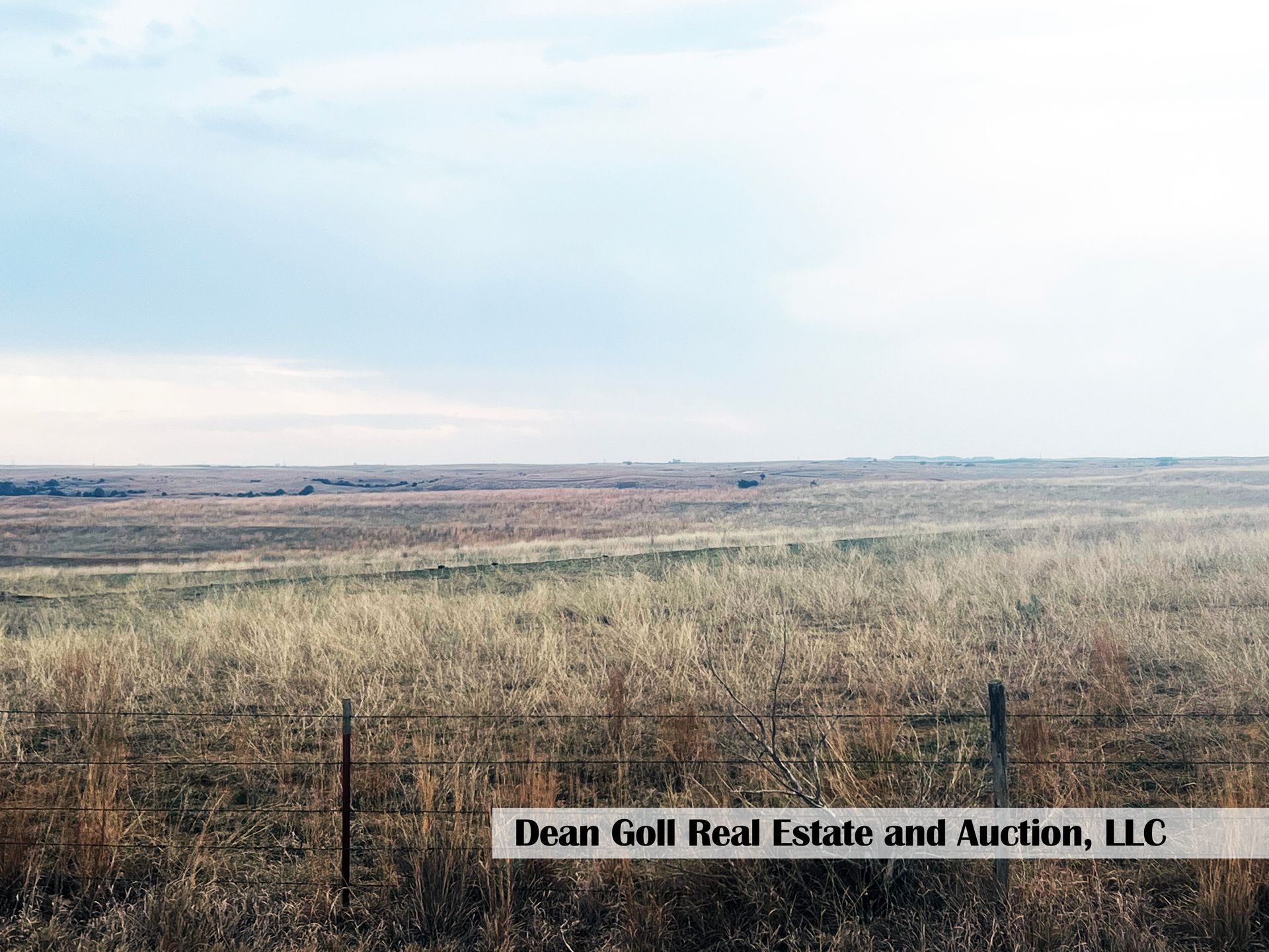 A fenced-in field with a blue sky in the background