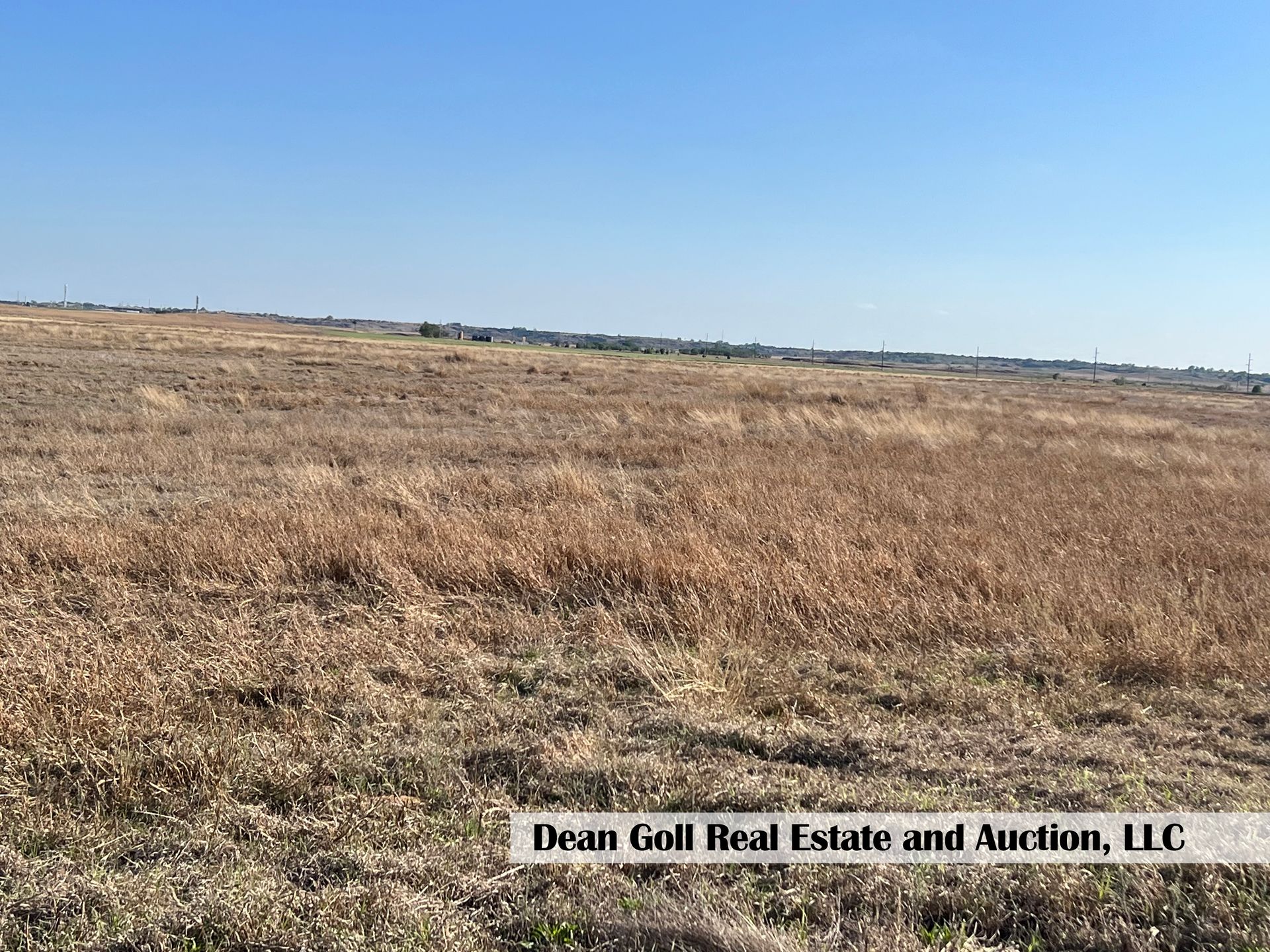 A large dry grass field with a blue sky in the background