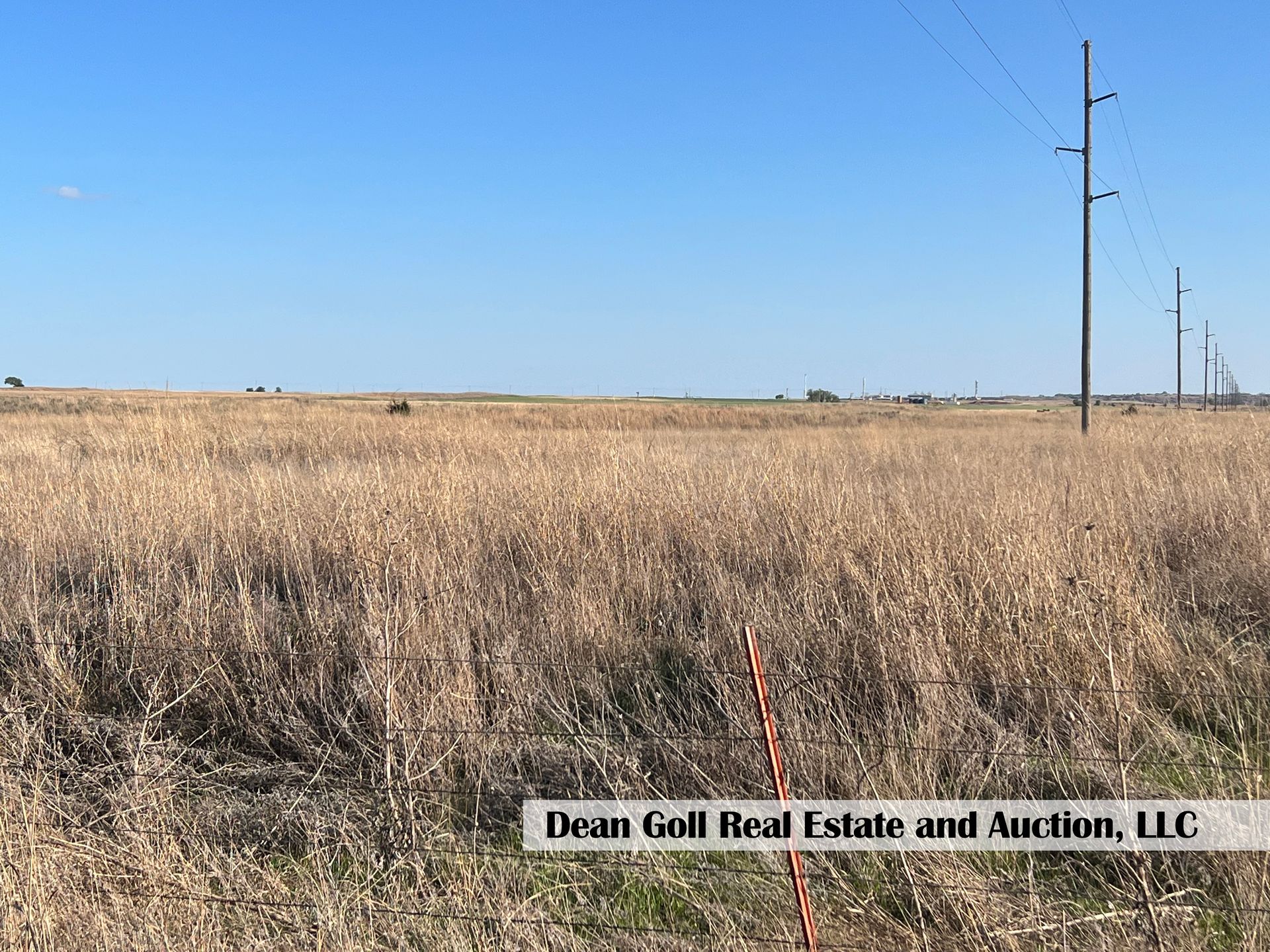 A large dry grass field with a blue sky in the background