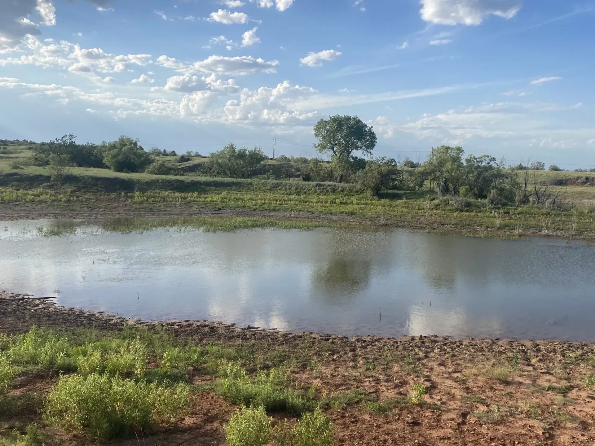 There is a large body of water in the middle of a field