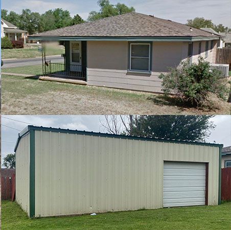 A before and after picture of a house and a garage