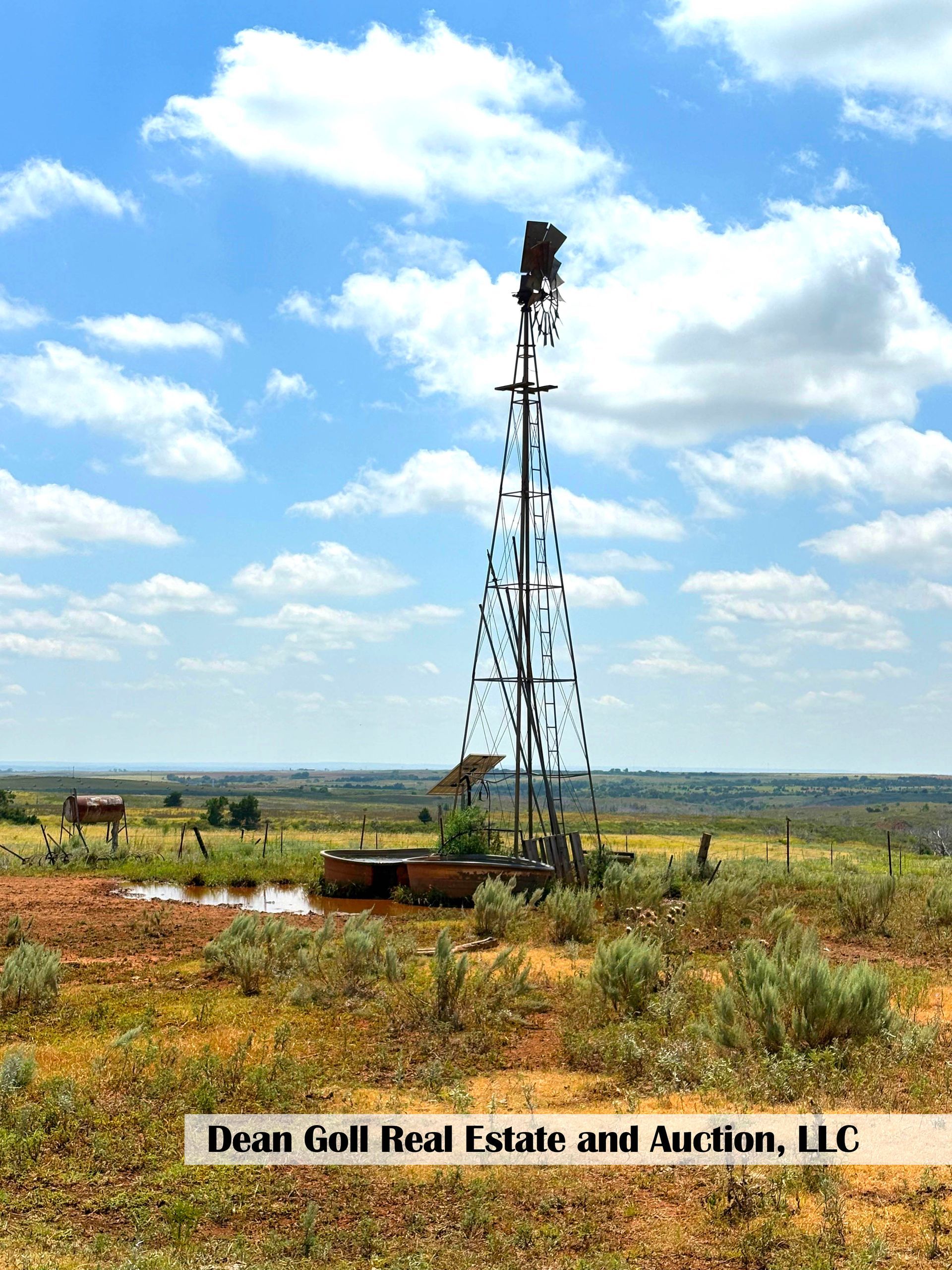 Windmill on a grassy plain under a blue sky with scattered clouds; cattle graze in the distance.