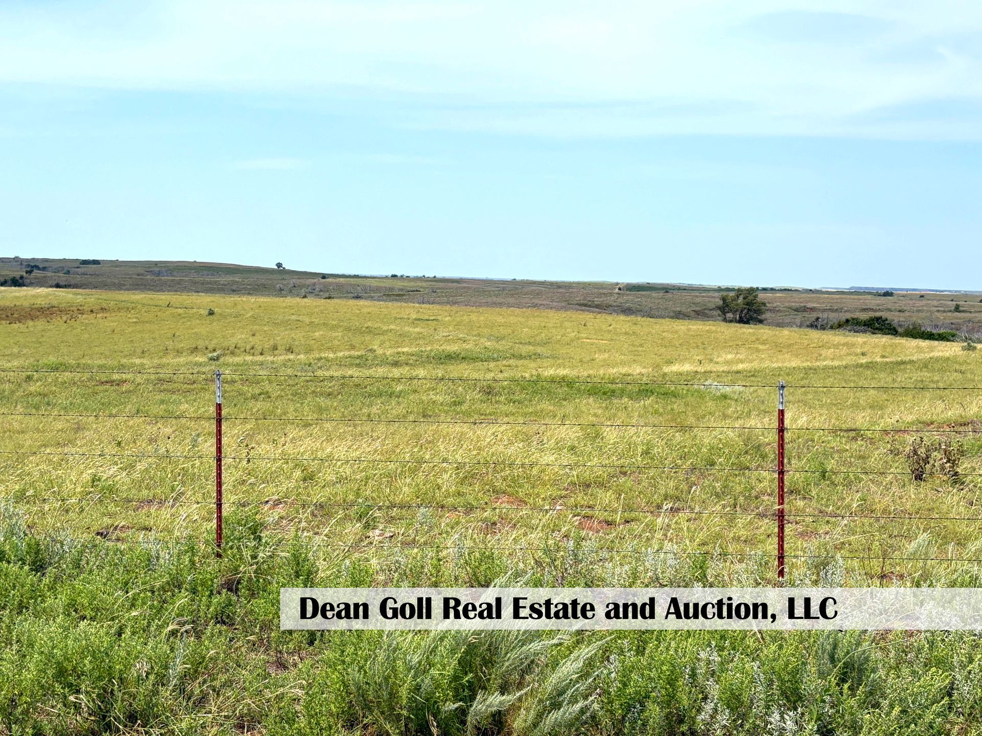 Green field with red-and-white-striped fence posts under a blue sky. The photo is for Dean Goll Real Estate and Auction, LLC.