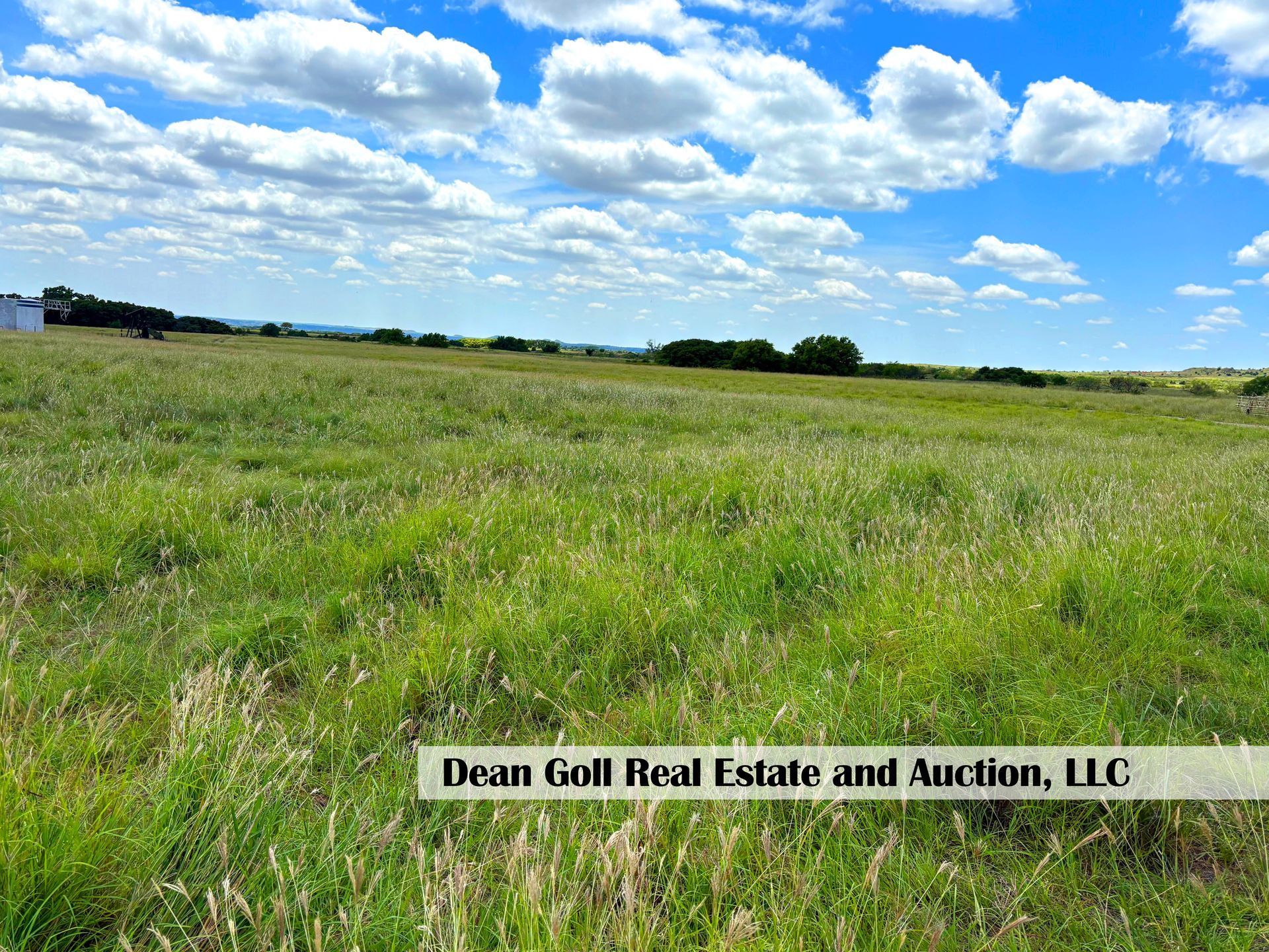 Green field under a bright blue sky with fluffy white clouds. The real estate company watermark is visible.