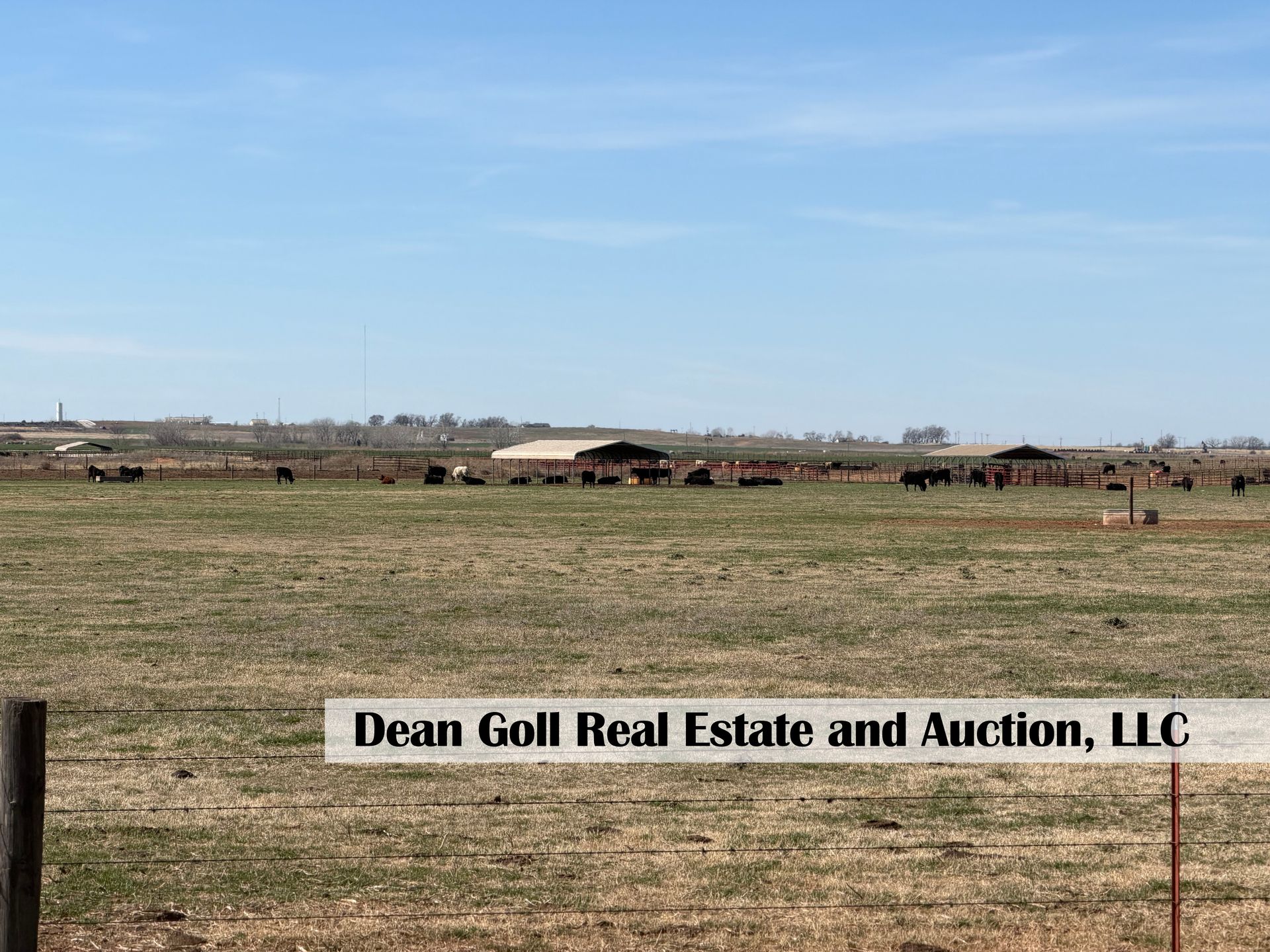 A wide view of a cattle pasture with farm structures in the distance, overlaid with text reading Dean Goll Real Estate.