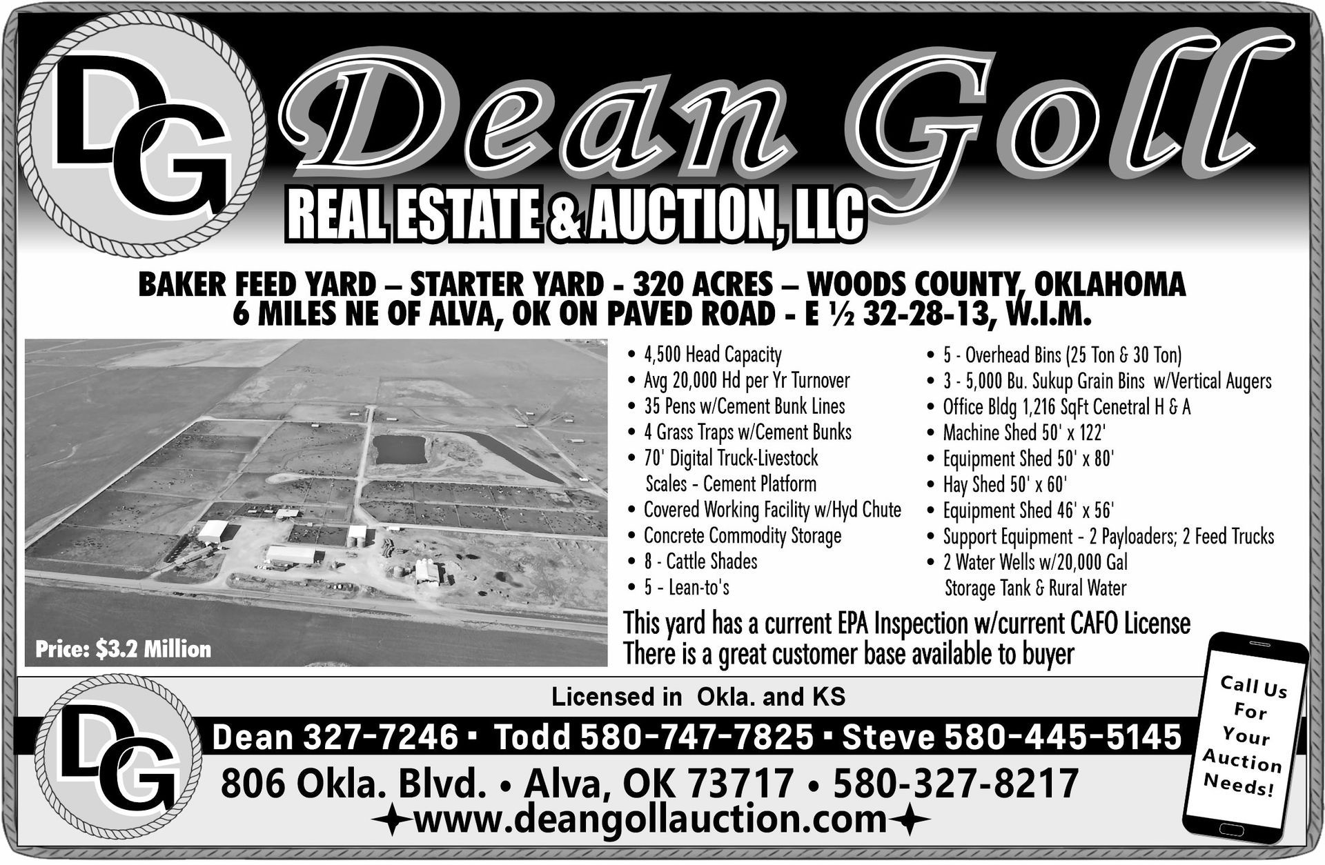Real estate advertisement for Baker Feed Yard in Woods County, OK, featuring property details, amenities, and contact info.