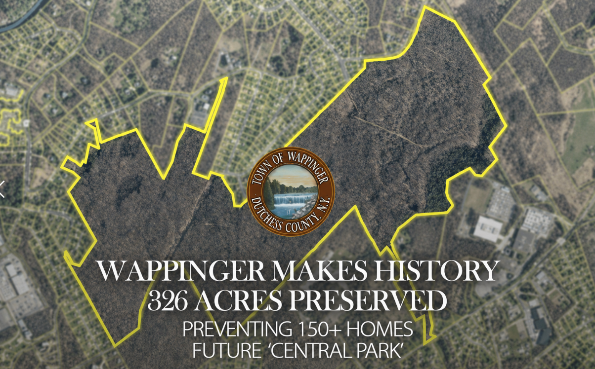Wappinger historic map graphic with yellow town outline and text about preserving 150+ homes and future land use