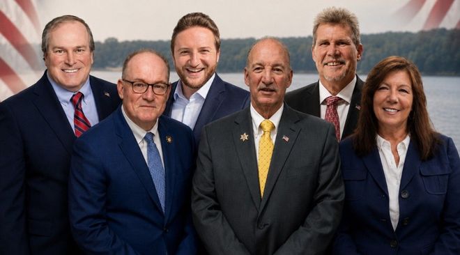 Six people in business attire pose for a group portrait against a neutral backdrop.