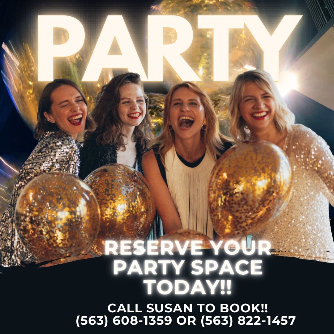 Four women with gold balloons, laughing, at a party, with 