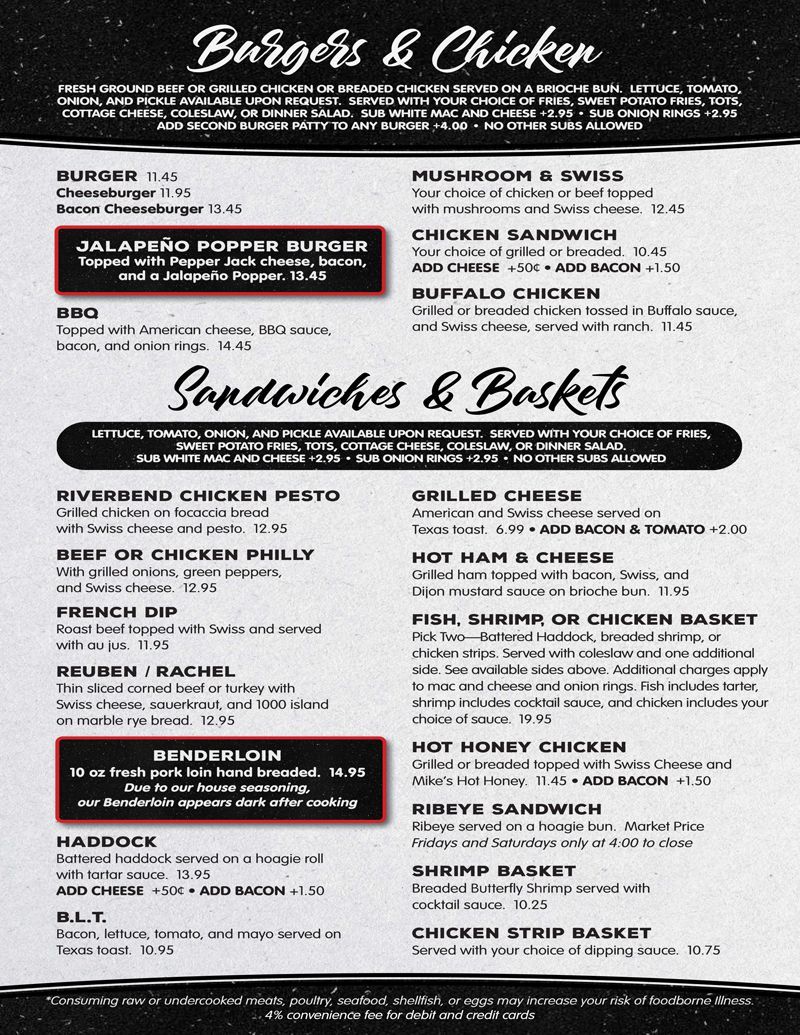 Burgers, chicken, sandwiches and baskets menu