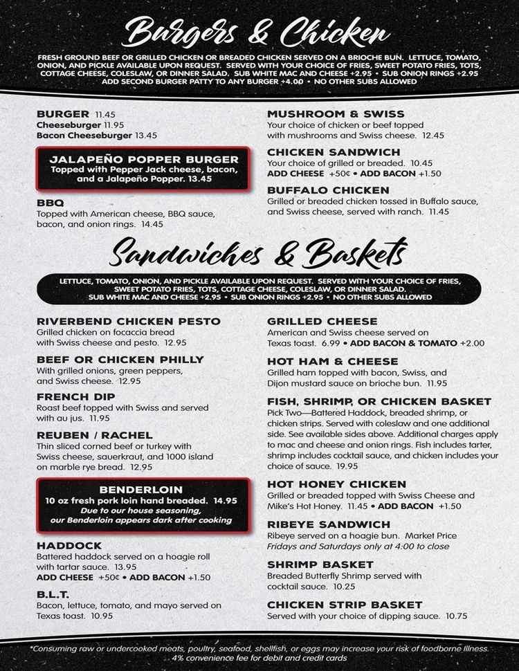 Burgers, chicken, sandwiches and baskets menu