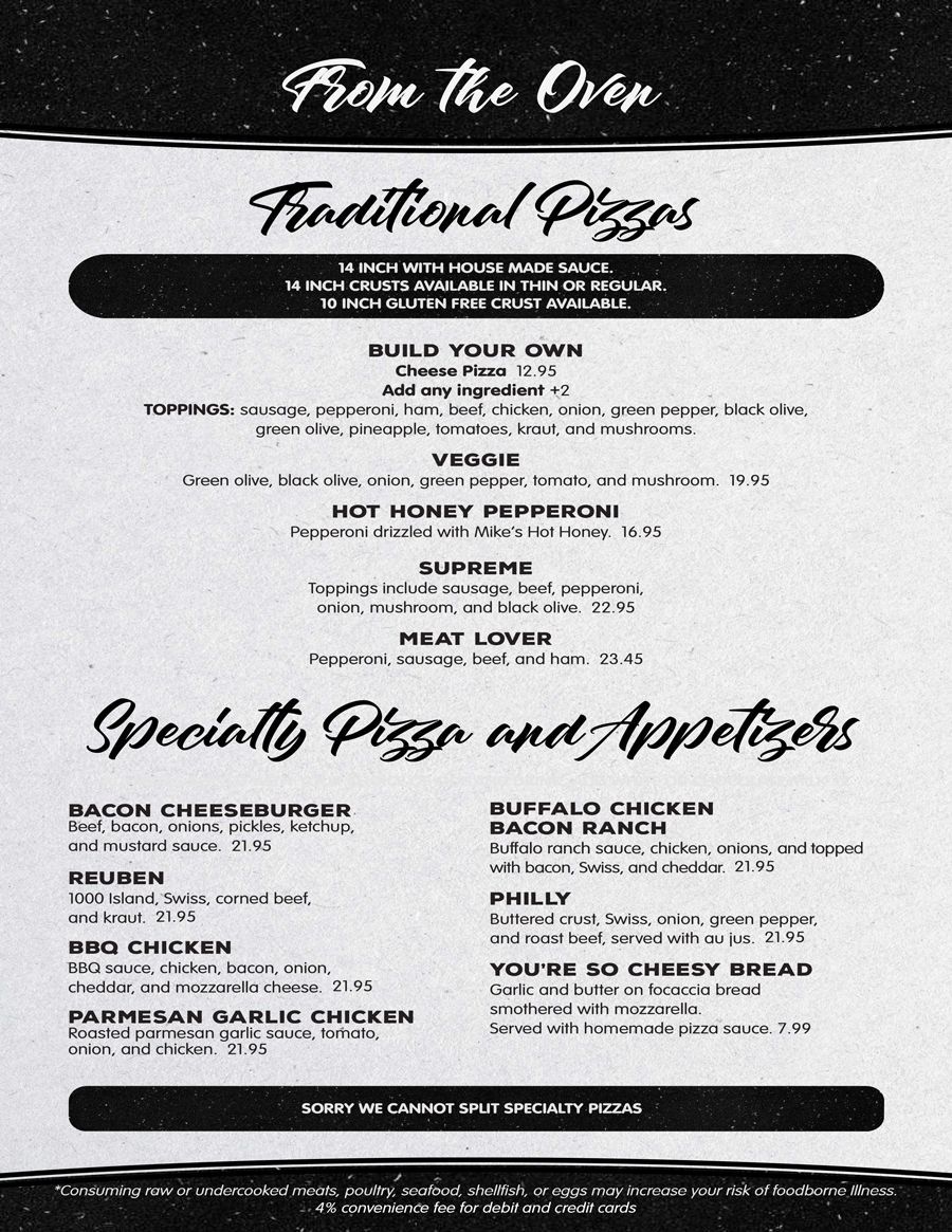 Pizza Menu - Traditional and specialty