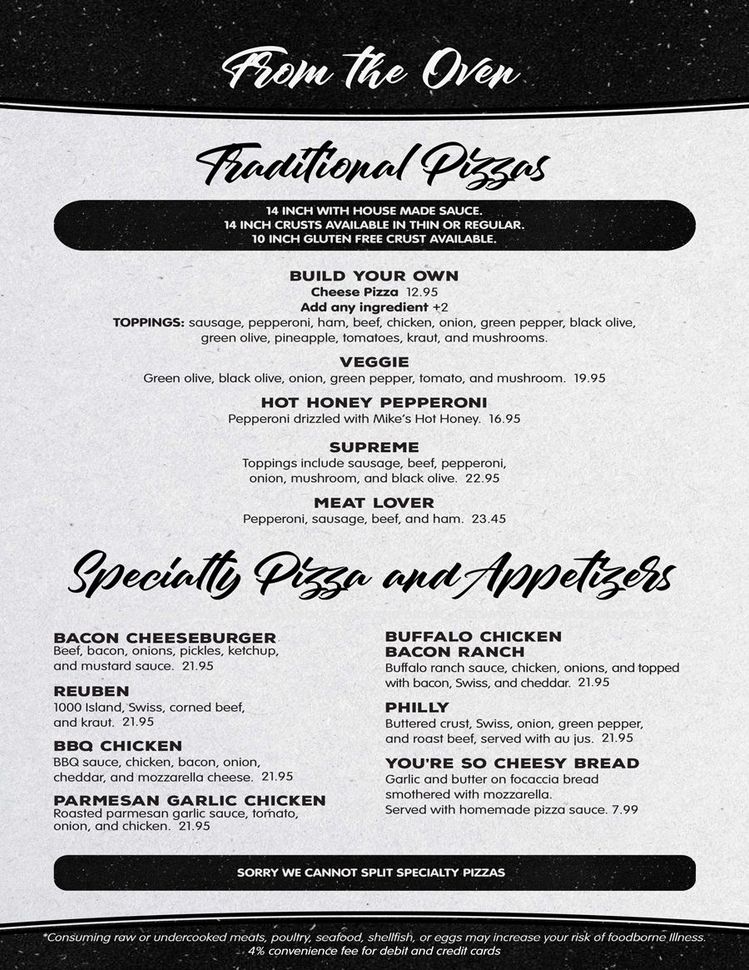 Pizza Menu - Traditional and specialty