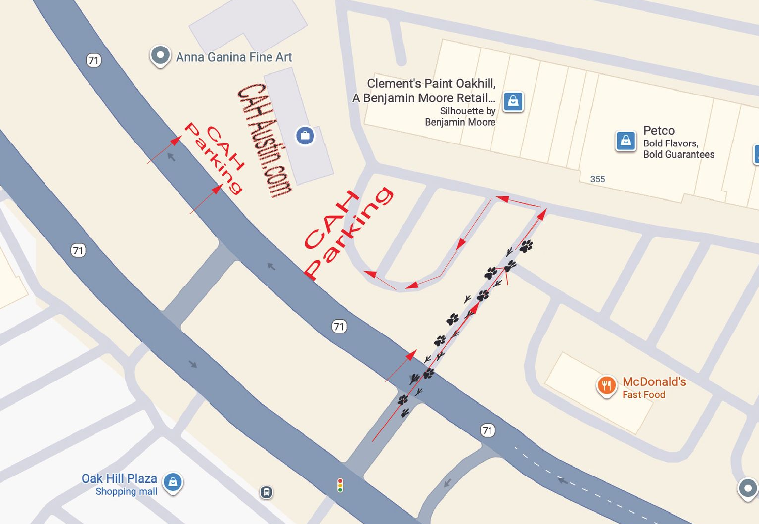 Map view with route markings, showing nearby roads and a highlighted path along Canal St.