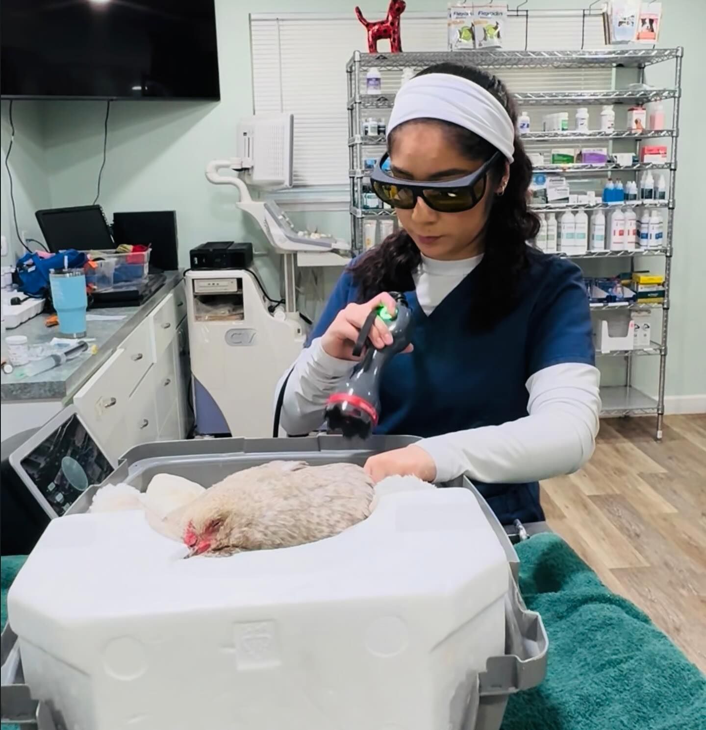 A woman wearing sunglasses and a headband is holding a bottle