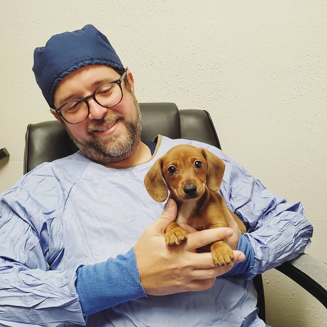 A man in a surgical gown is holding a puppy