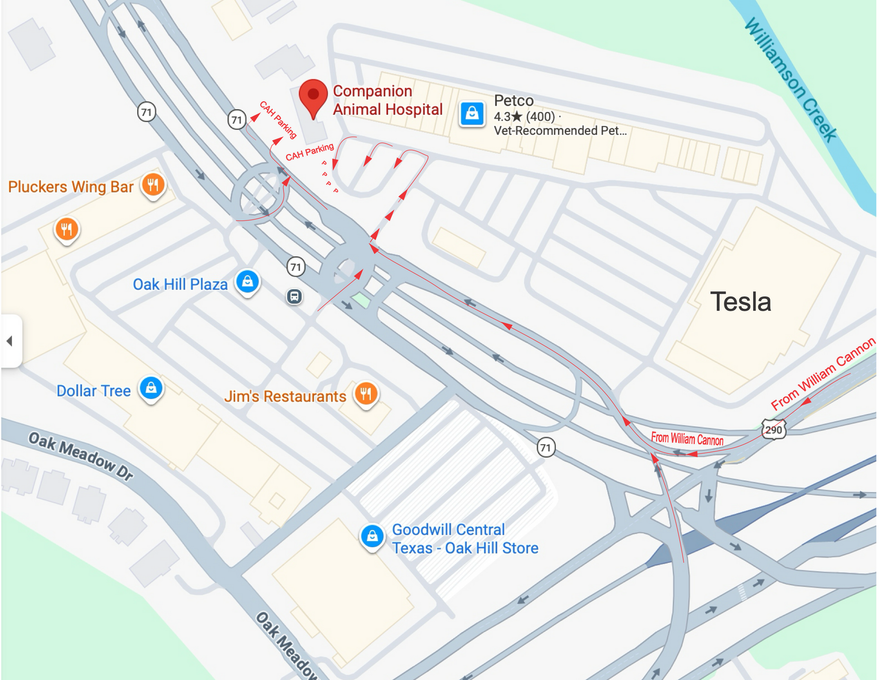 Map view with route markings, showing nearby roads and a highlighted path along Canal St.