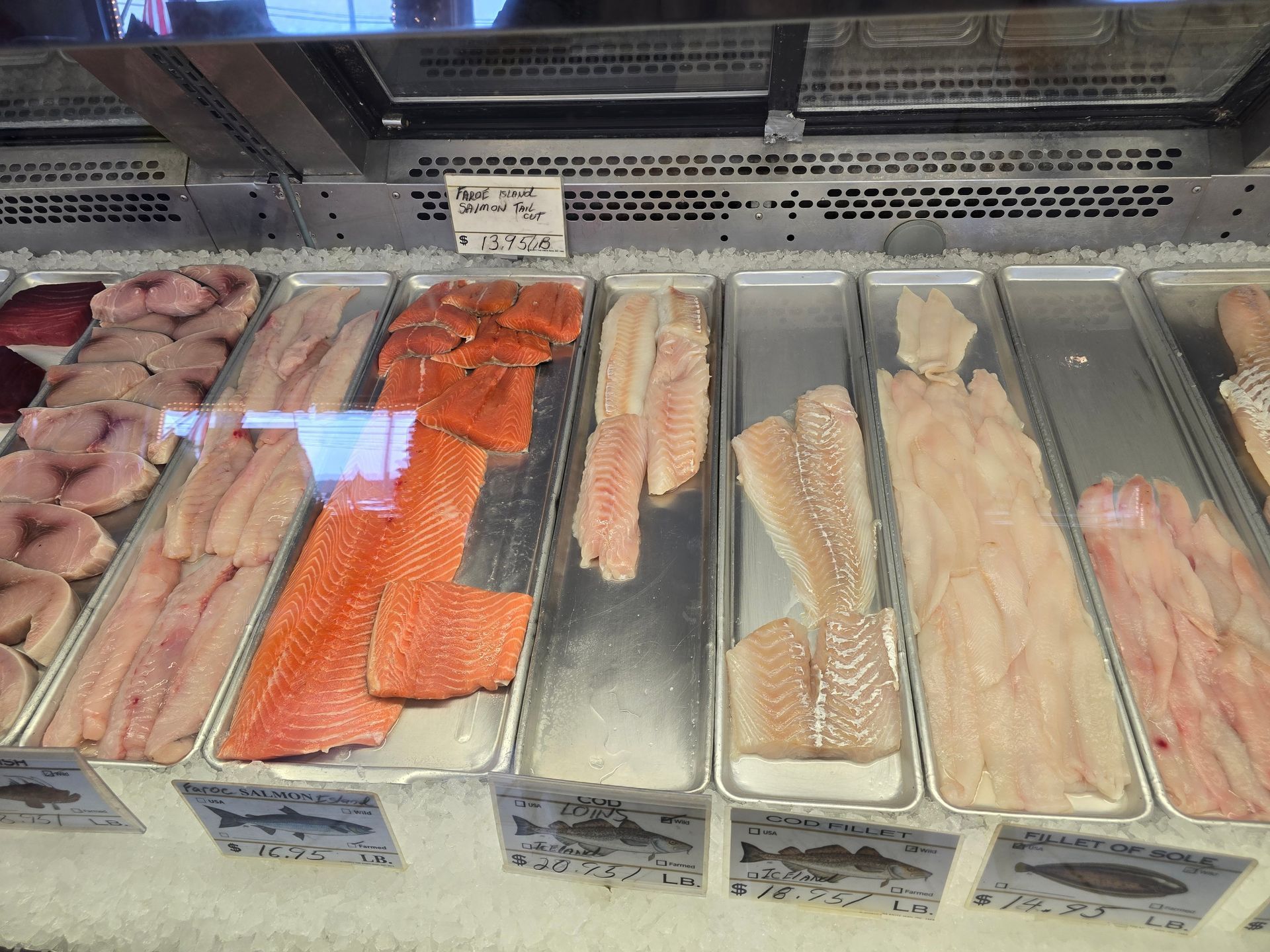 A display case filled with lots of different types of fish.