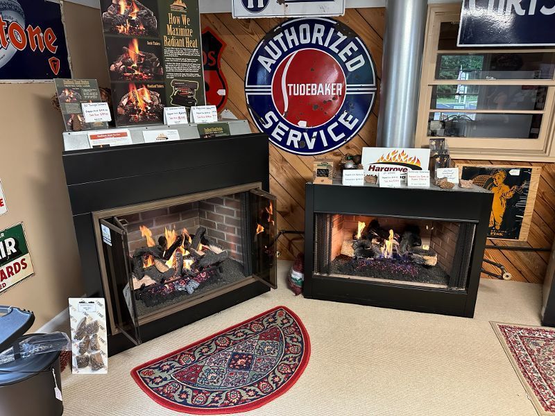 A room with a fireplace and a sign that says authorized service