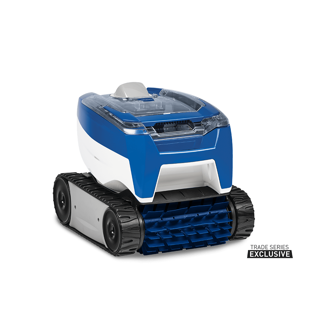 A dark gray, rectangular robotic pool skimmer with a top-mounted solar panel and the AIPER brand name on the front.