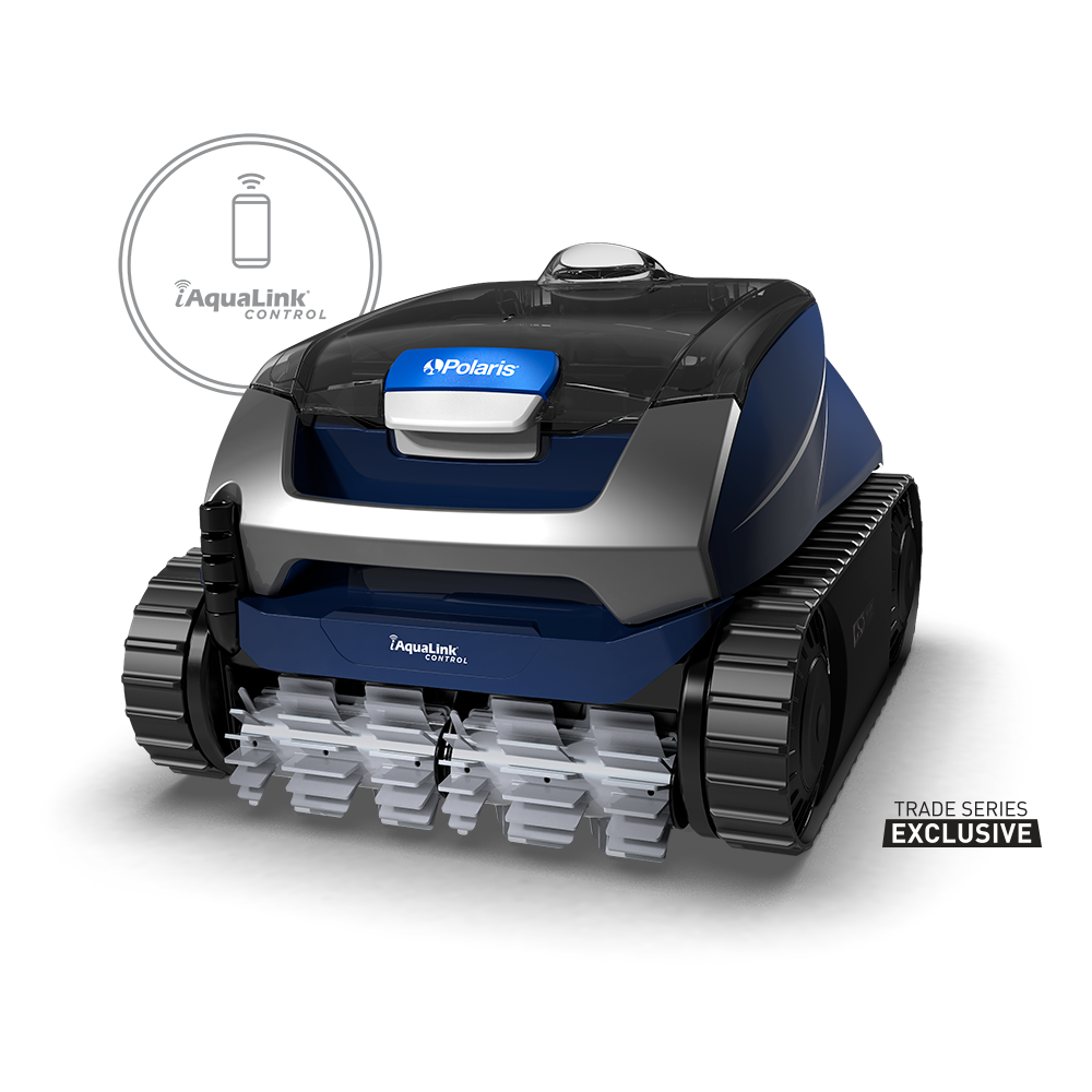 A black robotic pool cleaner with treads and a teal circular accent on the side, isolated on a white background.