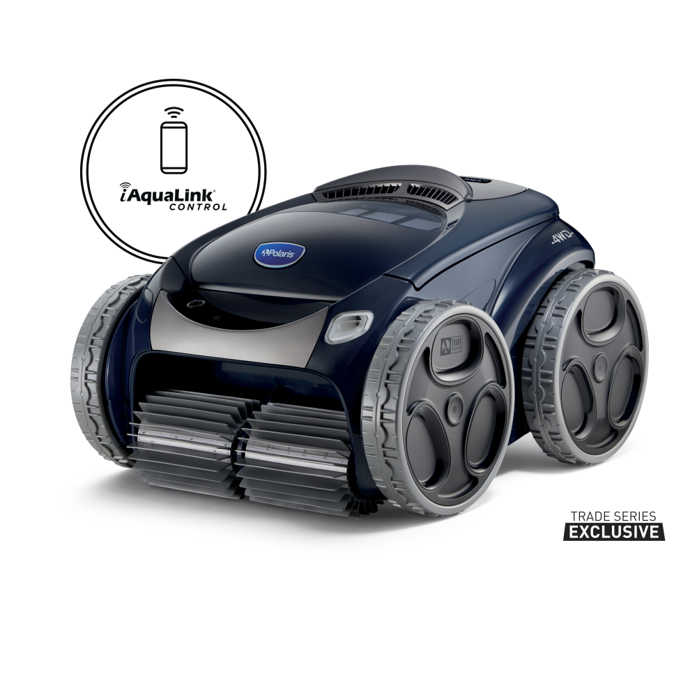 A black Aiper robotic pool cleaner with treaded wheels and a blue ring light on a white background.