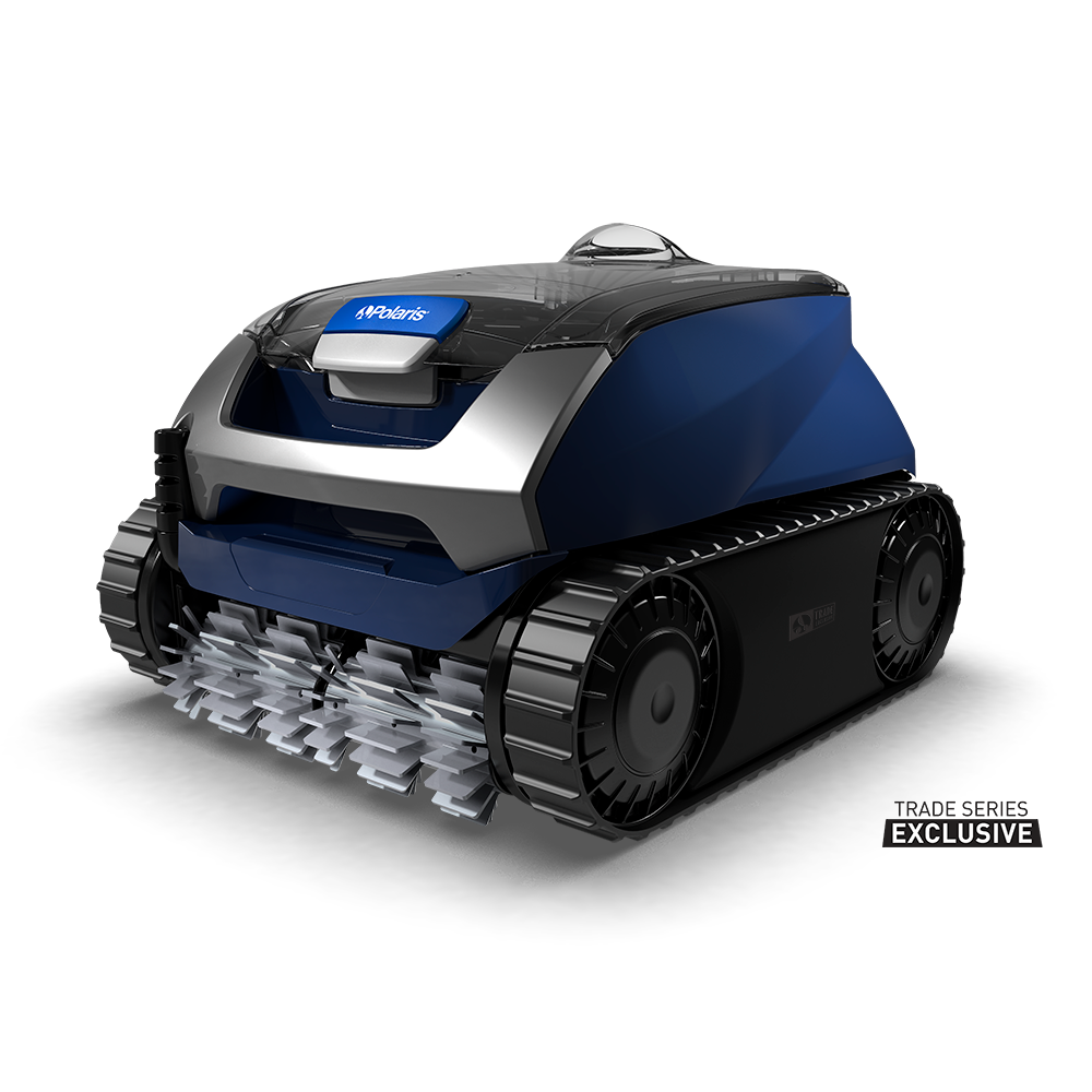 A gray and black robotic pool cleaner with tracked wheels and a teal accent button, viewed from a high angle.