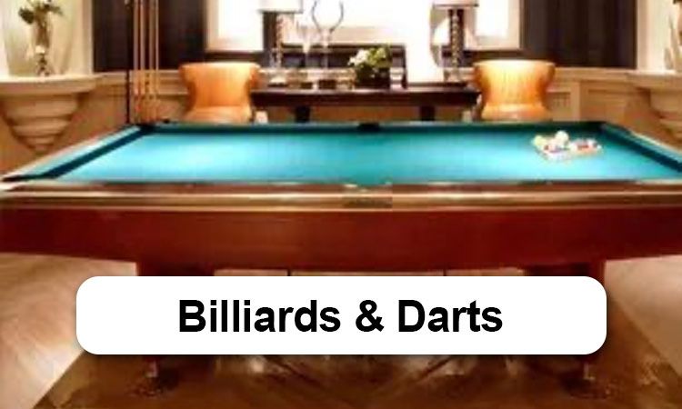 A pool table with the words billiards and darts above it