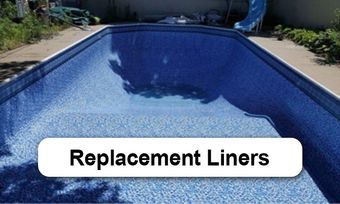 A large blue swimming pool with the words replacement liners above it