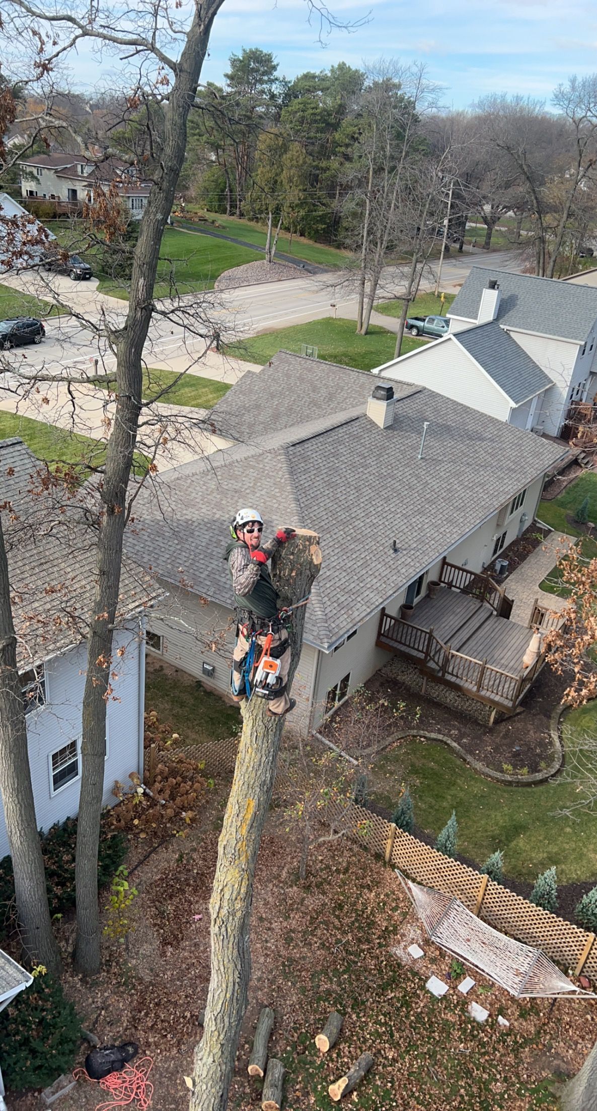 An aerial view of a tree being cut down in front of a house.