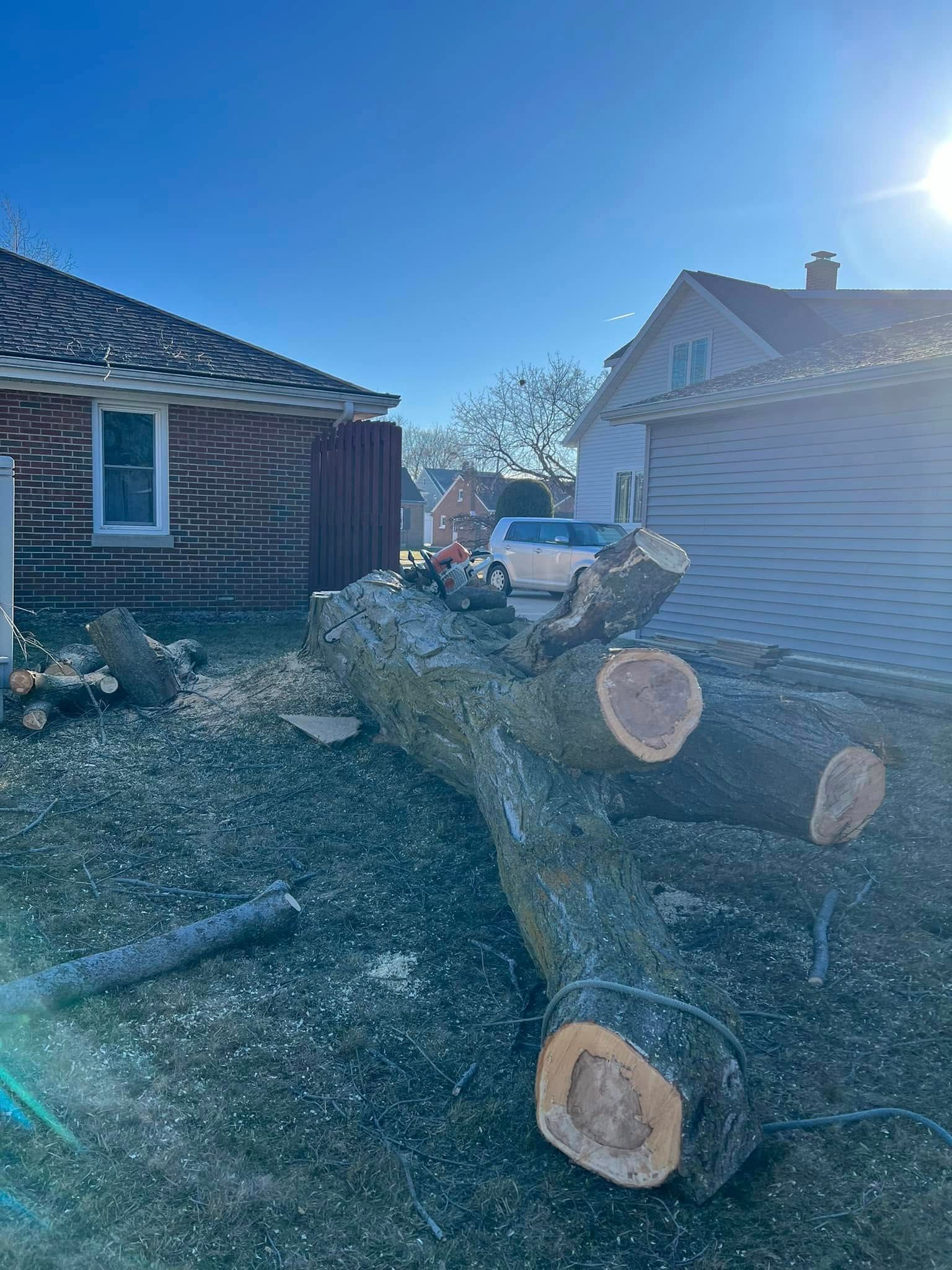 A large log is sitting in front of a house.