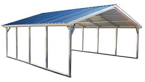 A metal carport with a blue roof on a white background.