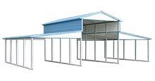 A blue and white barn with a porch attached to it on a white background.