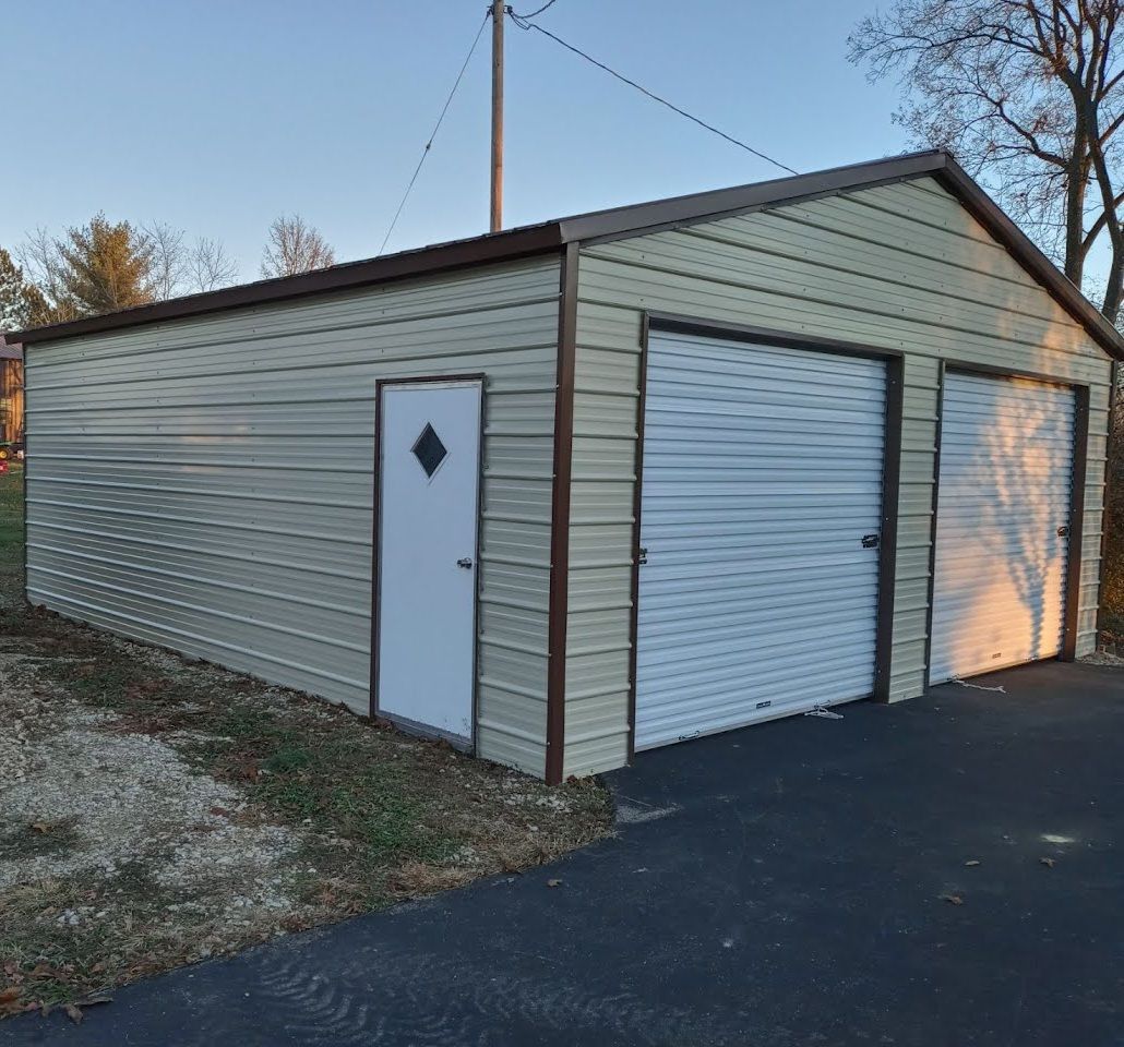 A garage with white doors