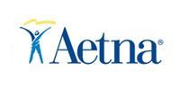 Aetna logo with blue text and a yellow swoosh figure