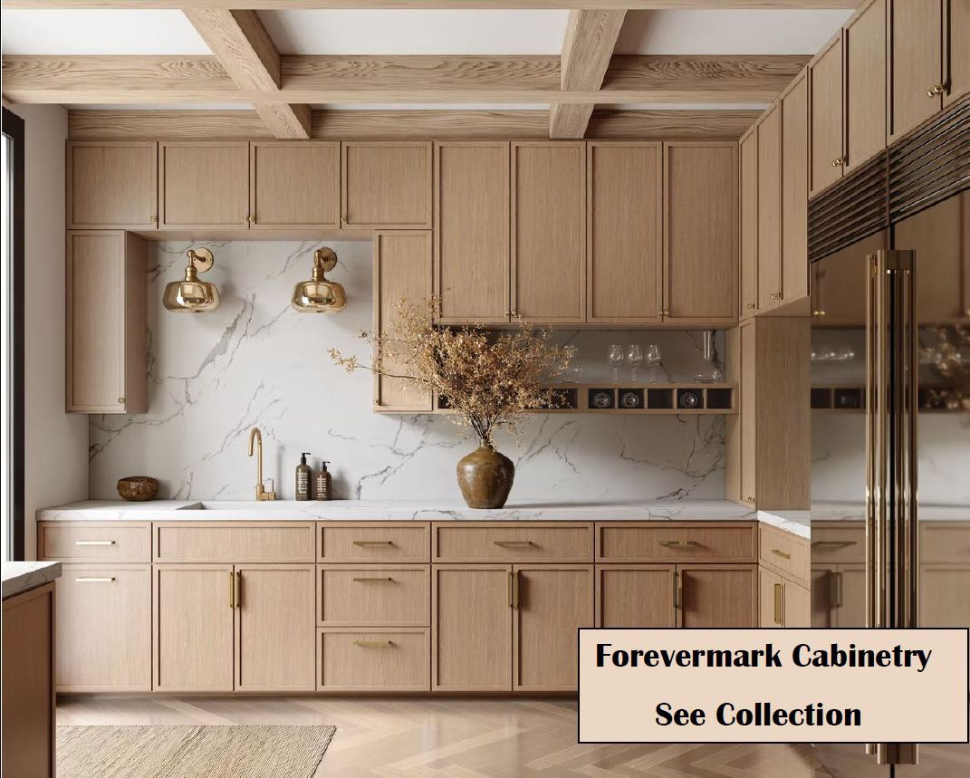 A light-wood kitchen with marble backsplash, golden fixtures, and Forevermark cabinetry.