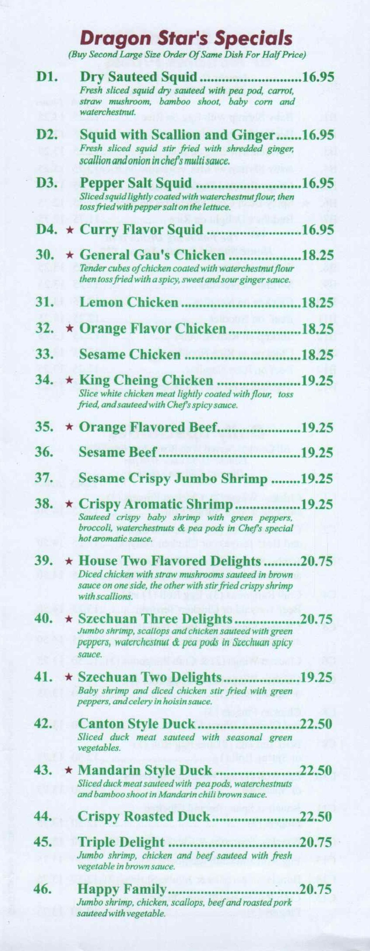 Dragon Star's Specials Menu