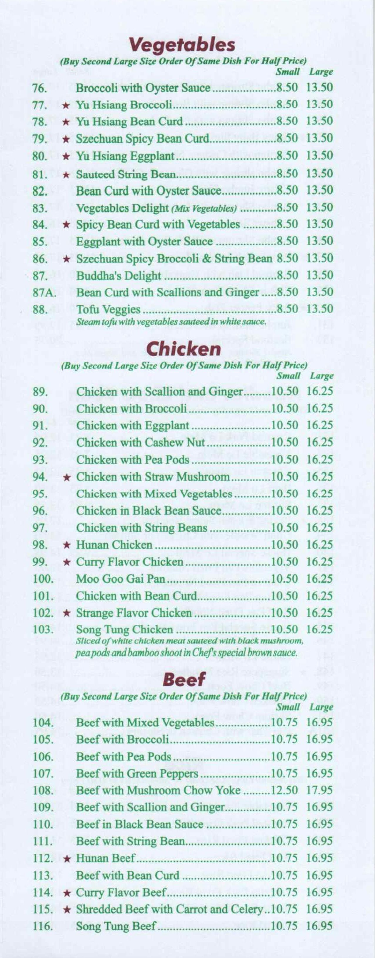 Vegetables Chicken and Beef Menu