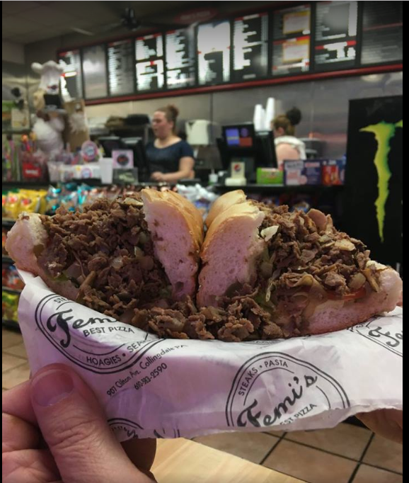 A person is holding a sandwich wrapped in femi 's paper