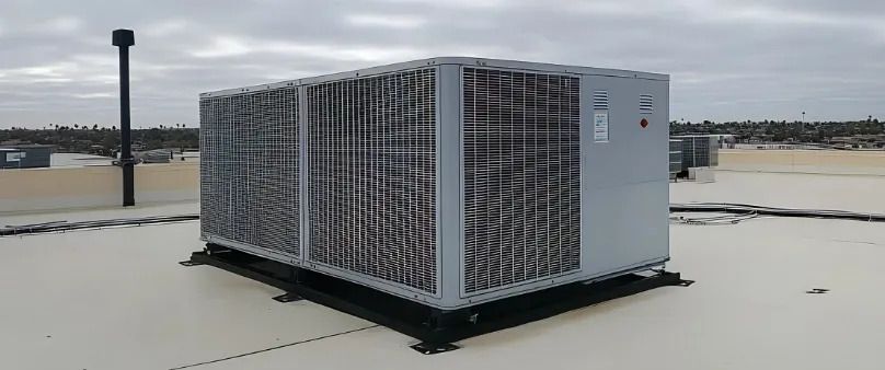 Large gray industrial HVAC unit on a rooftop under an overcast sky