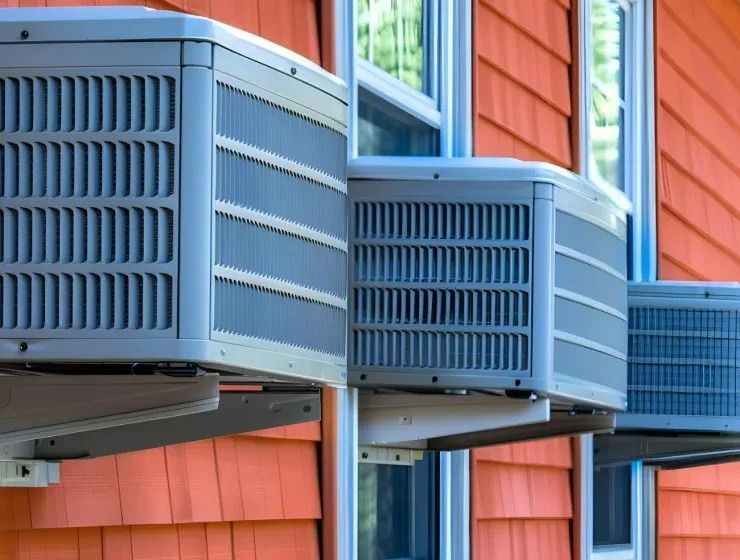 Blue HVAC units mounted outside on an orange building facade beneath windows