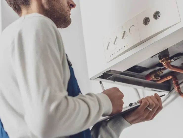 Technician inspecting an open wall-mounted boiler with a wrench, working on exposed pipes.