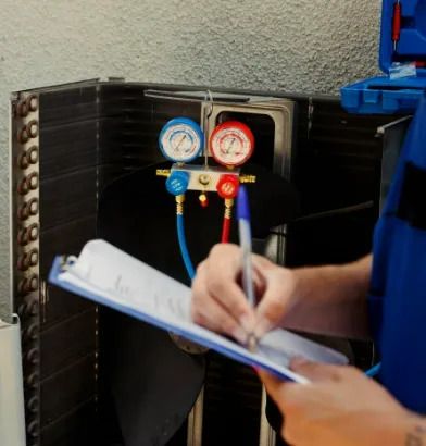 Technician writing on clipboard beside HVAC gauges with blue and red hoses attached to a unit