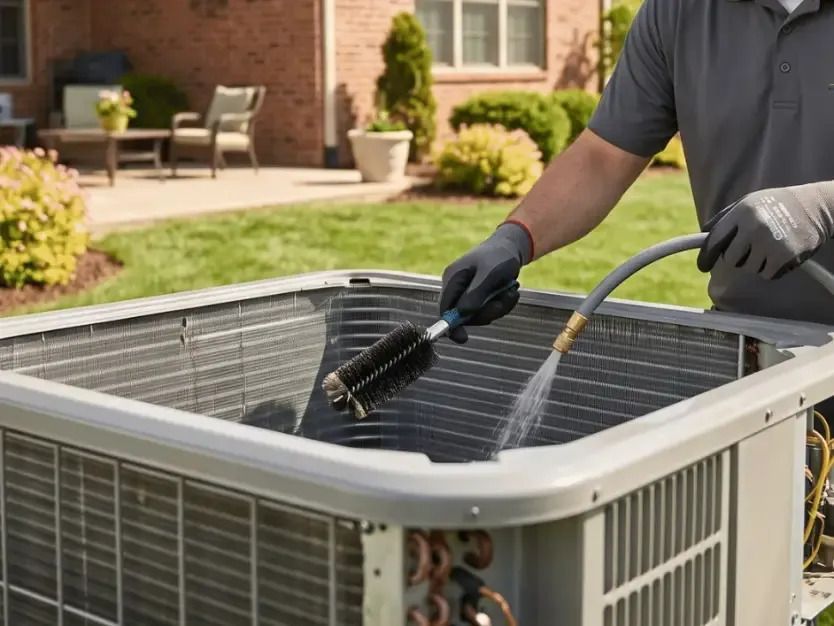 Technician cleaning a residential outdoor air conditioner unit with a brush and hose